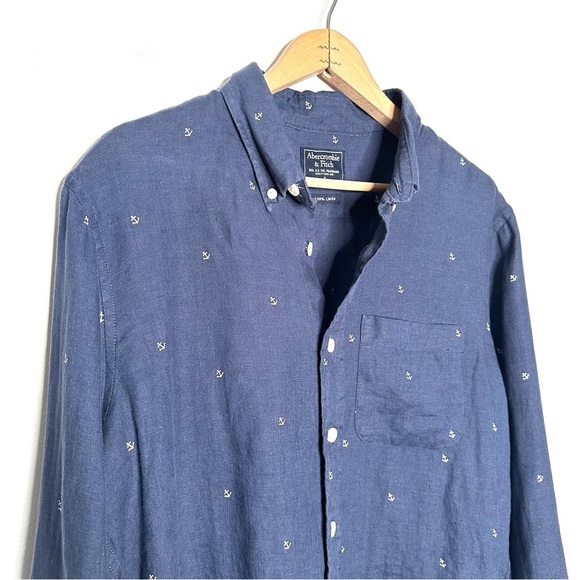 Abercrombie | Navy Blue Embroidered Anchors Linen Button Down Shirt Size S - Picture 3 of 8